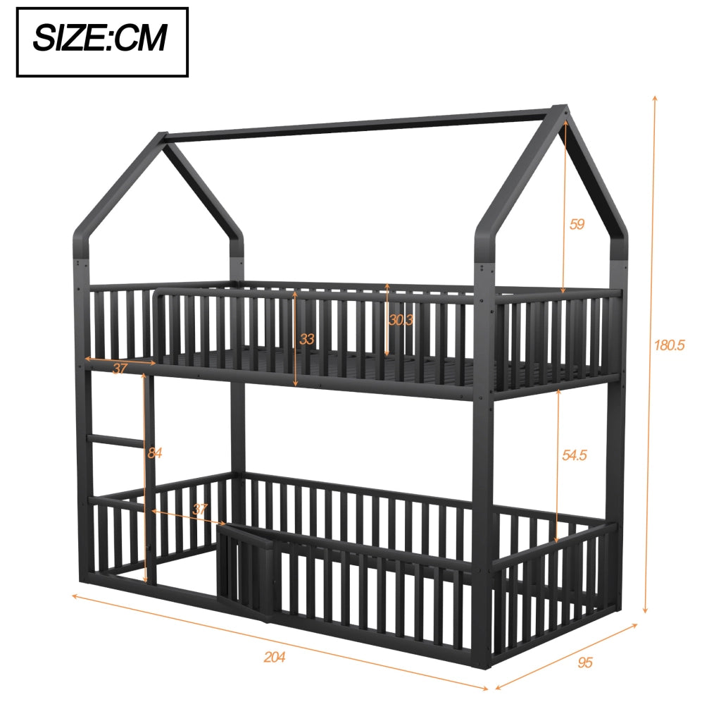 Letto a castello 90x200 cm con struttura a casetta e scala in metallo nero