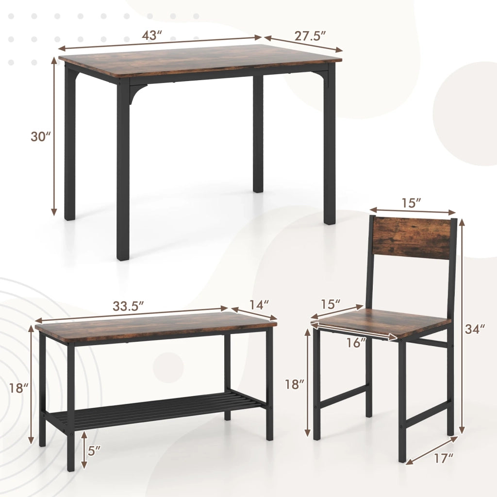 Set da pranzo 4 pezzi con tavolo 2 sedie e panca marrone rustico in MDF e acciaio robusto e salvaspazio per casa e cucina