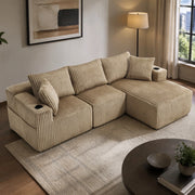 Divano modulare ULEVR con chaise longue e modulo 2 posti, 5 cuscini, portabevande e tasche laterali, velluto a coste kaki