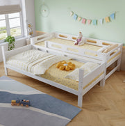 Letto a castello 90x200 cm con scala e barriera di sicurezza in legno bianco