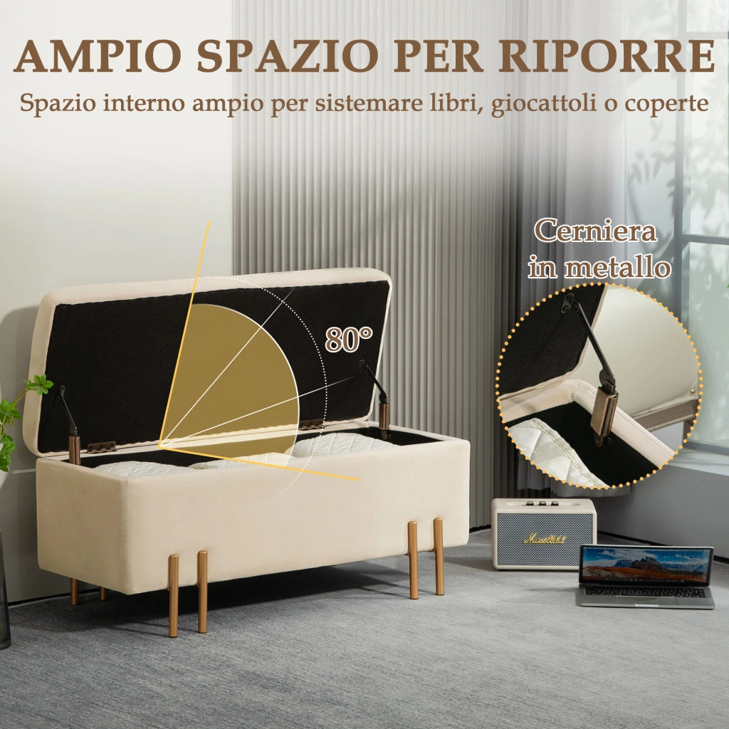 Panca Fondo Letto Contenitore 100x40x42 cm Rivestimento in Velluto Beige