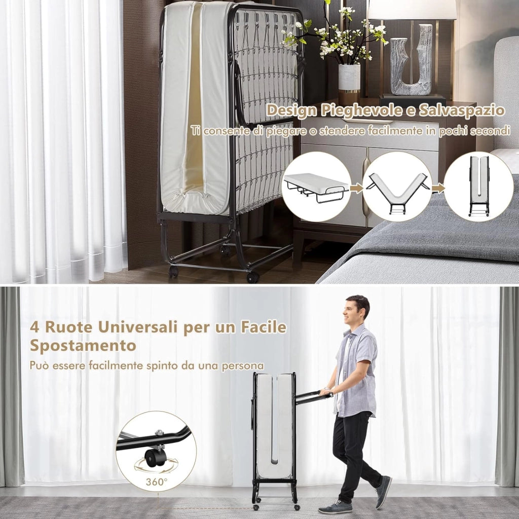 Brandina Pieghevole con Materasso, in Memory Foam da 10cm, Letto Portatile con Struttura in Metallo e 4 Ruote, Portata Massima 130kg, 190x80x39cm