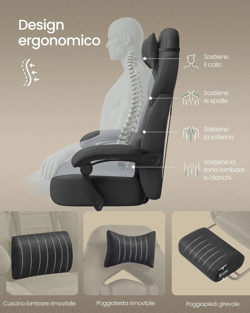 SONGMICS Sedia Gaming, Sedia Ufficio Scrivania, Ergonomico, con Poggiapiedi, Poggiatesta Regolabile, Cuscino Lombare, Portata 150 kg, Nero Inchiostro OBG077BH21