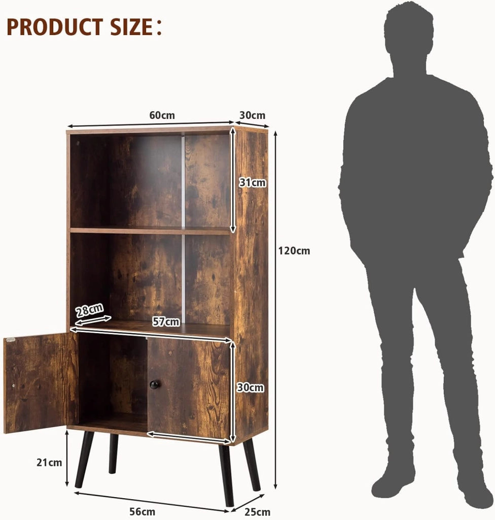 Libreria con 2 Ante a 3 Livelli, Scaffale per Libri, Credenza da Terra, Gambe Alte in Legno di Pino, Stile Vintage, Ideale per Soggiorno, Studio, Portata Massima 50 kg, 60x30x120 cm