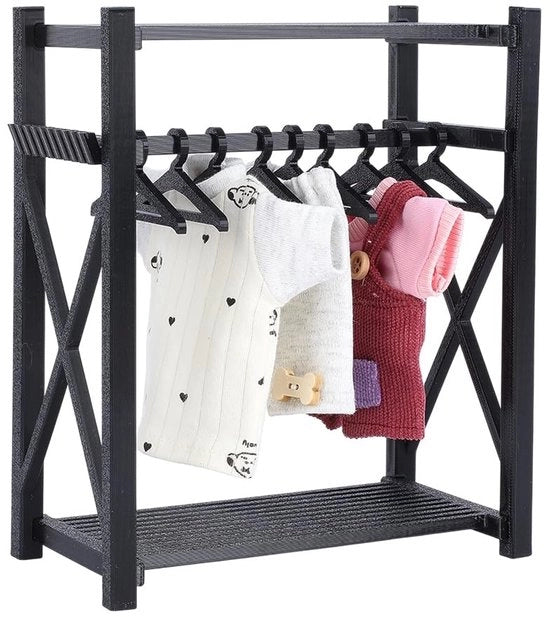 Set di abbigliamento per bambole 11 pezzi - 15 x 8 x 18 cm - Plastica - Contenitore per abbigliamento - Grucce per abbigliamento - Accessori di archiviazione - Nero