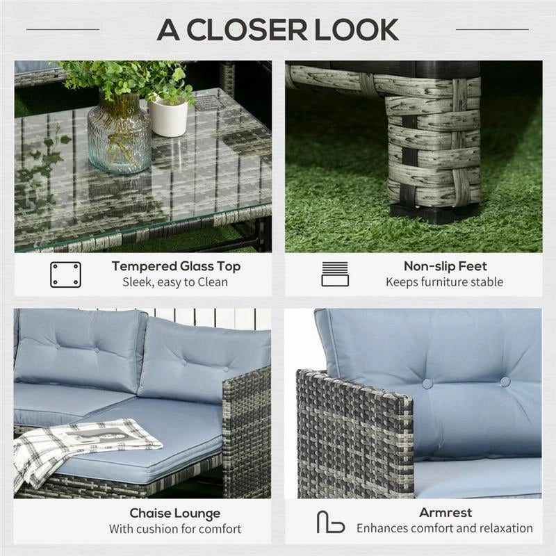 SALOTTO DA GIARDINO CON DIVANETTO CHAISE LONGUE E TAVOLINO IN RATTAN CON CUSCINI GRIGIO
