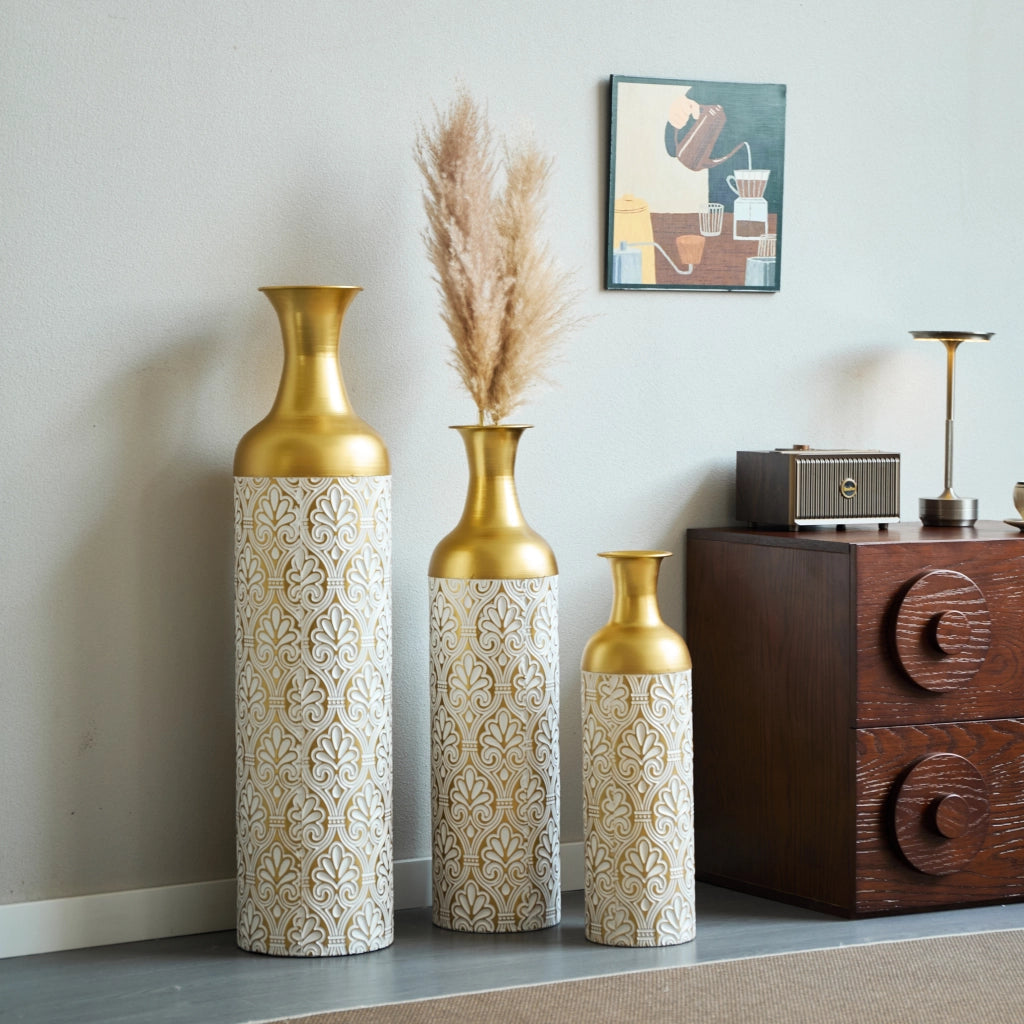 VASO DA TERRA Set da 3 pezzi 50/66/83 cm Metallo Oro/Bianco