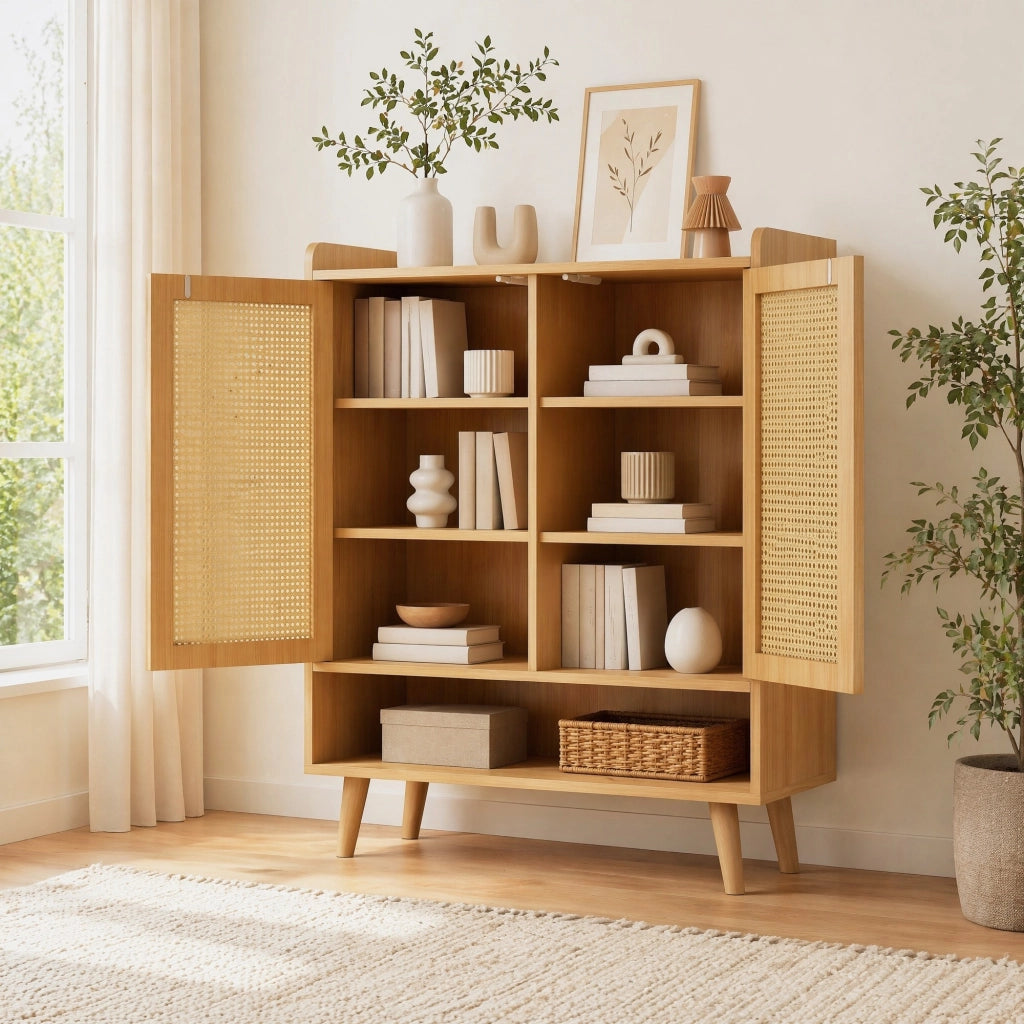 Mobile porta scarpe in rovere chiaro con 2 ante e ripiani interni, struttura in truciolare e gambe in massello, 80x105x35 cm