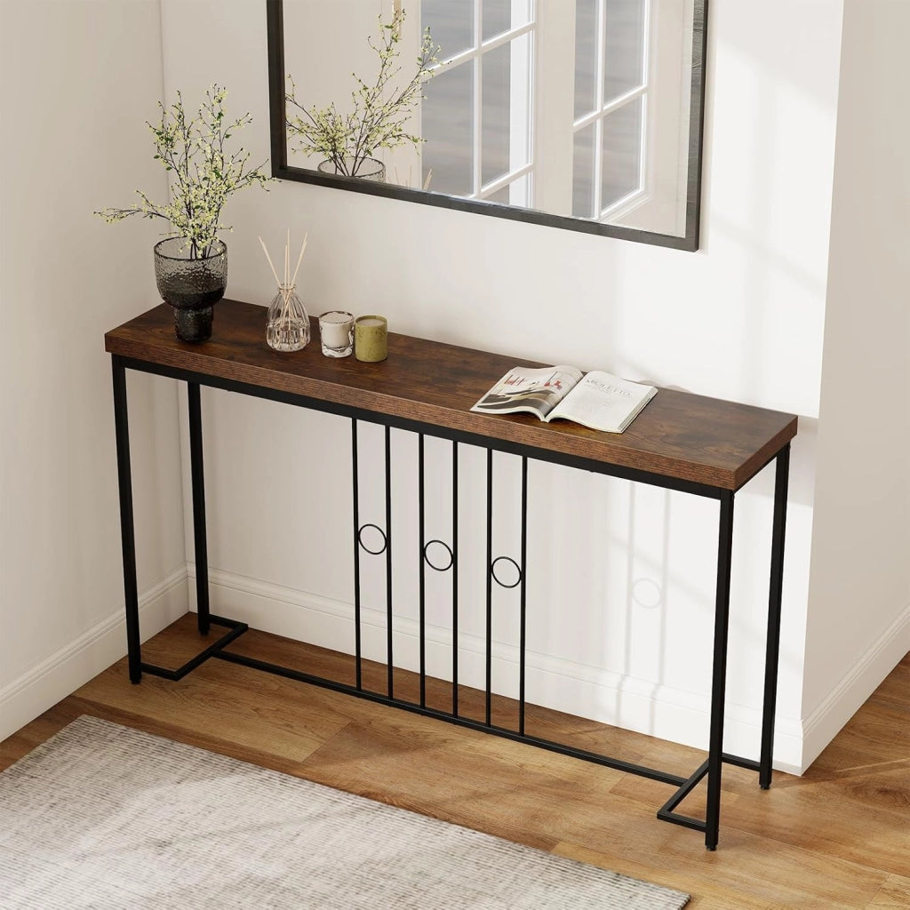 Tavolo Consolle da Ingresso, 140 cm Tavolino da Divano con Gambe in Metallo e Base a Forma di H, Consolle Stretta e Salvaspazio per Soggiorno, Corridoio, Balcone e Ufficio, Nero e Marrone