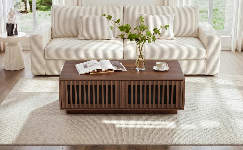 Tavolino basso con 2 ante a griglia e 2 vani contenitore, per soggiorno, in MDF e truciolare, noce, 100 × 50 × 35 cm