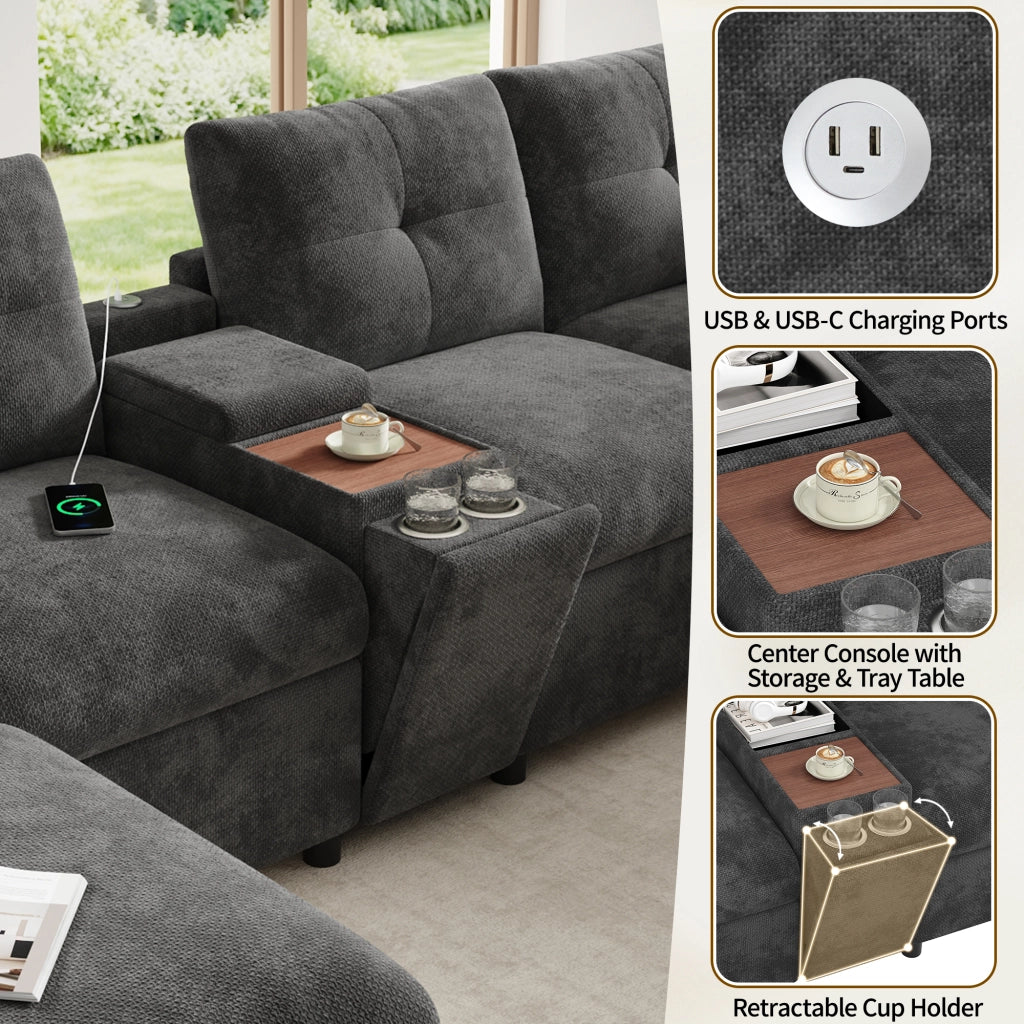 Divano angolare modulare 6 posti con console centrale, porte USB e Type-C, contenitori in chenille grigio