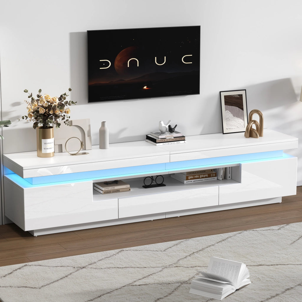Mobile TV con LED ¨C MINIMAL ¨C Bianco Lucido, 2 Ante, 1 Cassetto, 175x38x45 cm