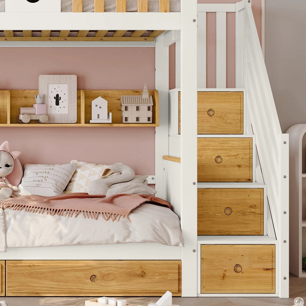 Letto a Castello con Cassetti e Ripiani ¨C MINIMAL ¨C Pino e MDF, Bianco/Naturale, 90x200