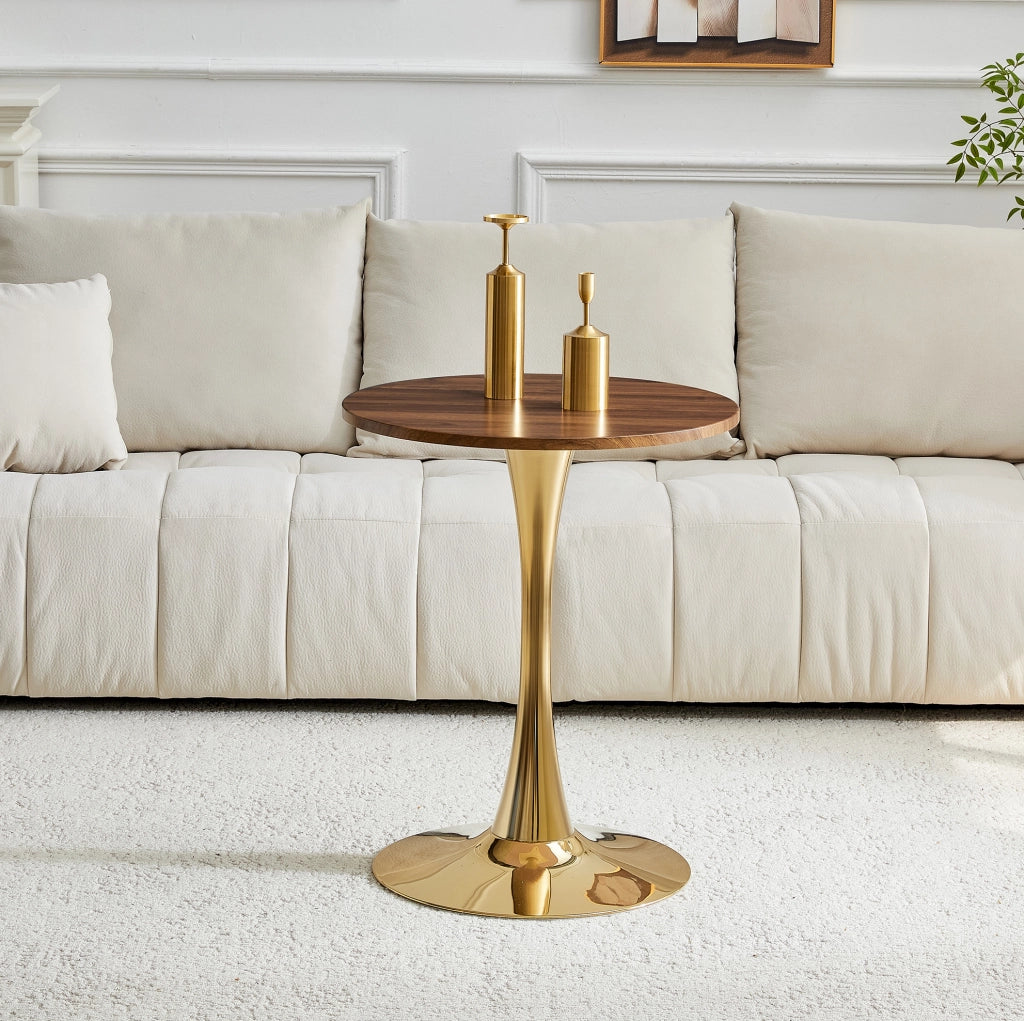 Tavolo rotondo Mid-Century in MDF e metallo; altezza 72 cm; Gold/Walnut