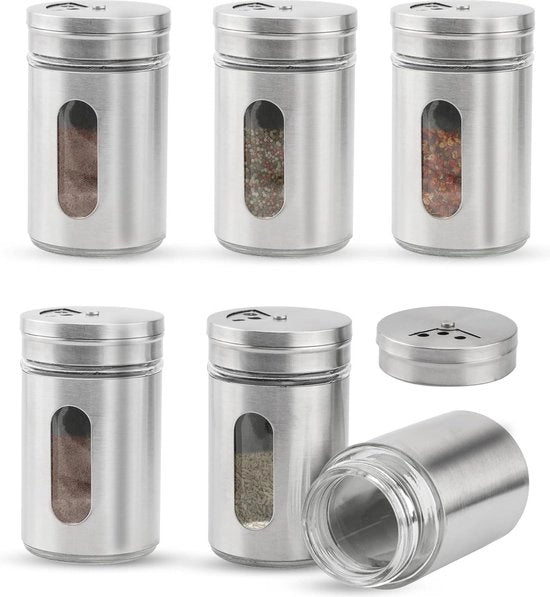 Set di contenitori per erbe con dispositivo di dispersione - grattolo per erbe in vetro - 8 x 5 cm - scatole di conservazione con coperchio - cucina ristorante barbecue - 6 pezzi