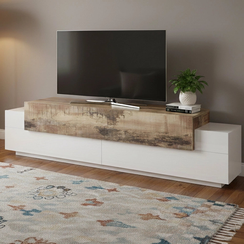 Mobile da soggiorno Porta Arold, Made in Italy, Supporto per Arold da salotto a 3 ante e ripiani, cm 200x45h52, Bianco lucido e Acero
