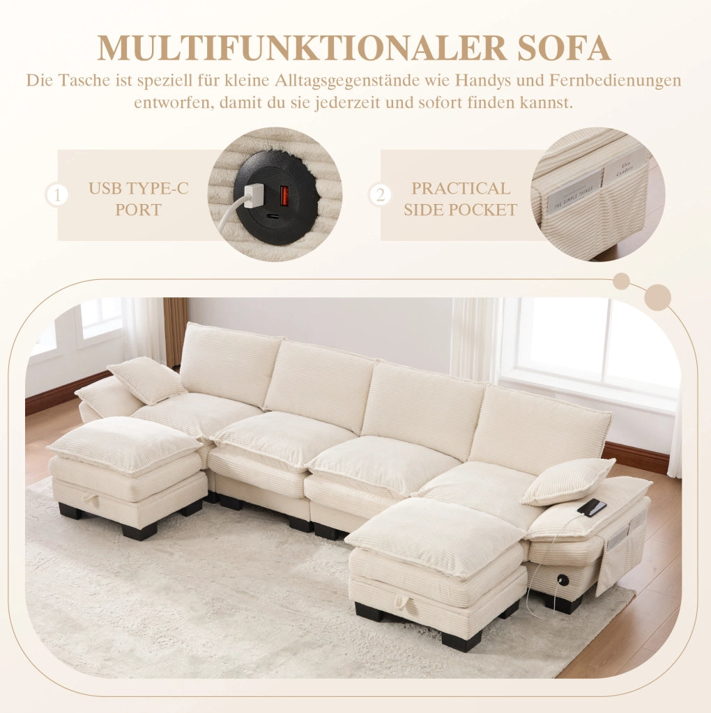 Divano modulare 4 posti 330x132x84 cm con 2 pouf; USB-C e velluto a coste beige