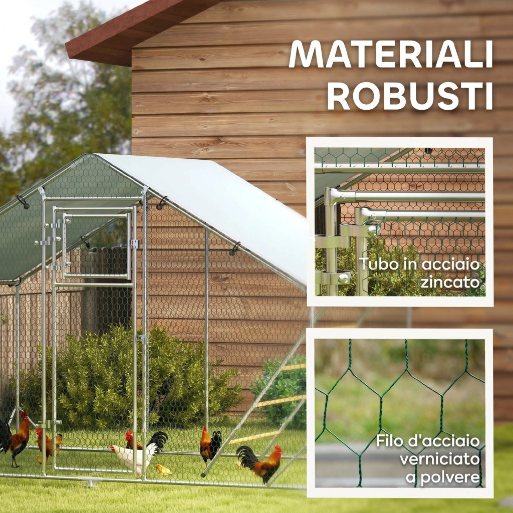 Pollaio per 6-8 Galline 6m2 con Tetto Impermeabile e Mangiatoia ¨C Xylo ¨C 3x2x1.9m Argento