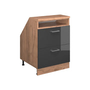 Mobile cucina sottotetto R-Line Antracite lucido/Rovere dorato 60 cm con 2 cassetti, carcassa 60 cm profondità Vicco