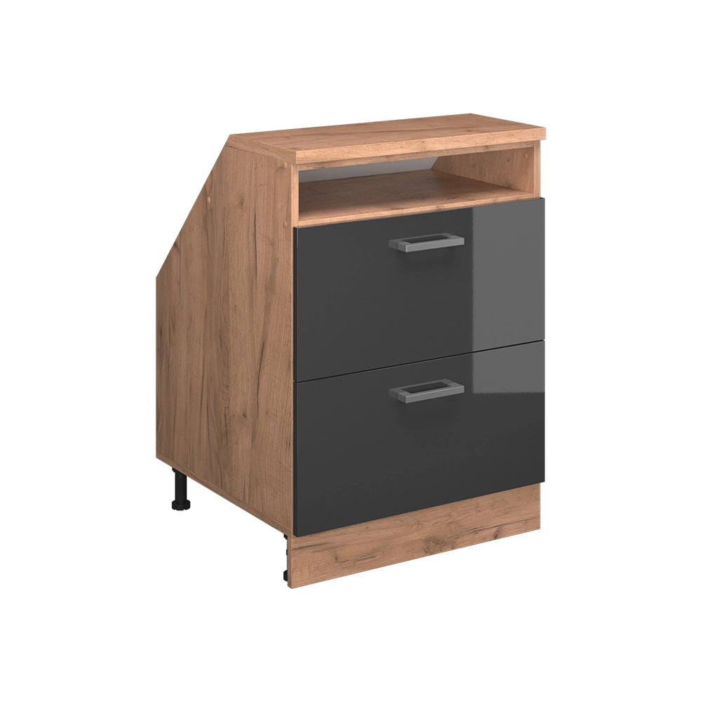 Mobile cucina sottotetto R-Line Antracite lucido/Rovere dorato 60 cm con 2 cassetti, carcassa 60 cm profondità Vicco