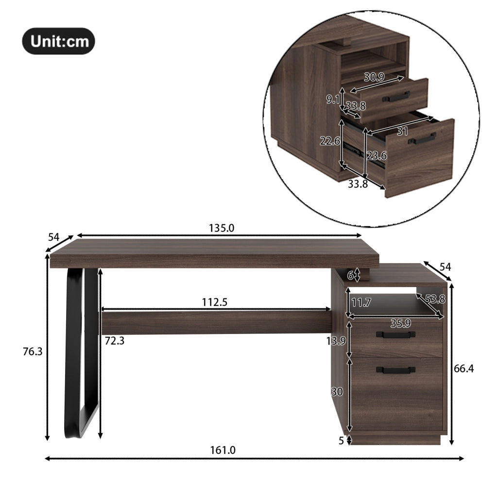 Scrivania 135x54 cm con vano aperto e cassetto silenzioso in MDF e metallo marrone