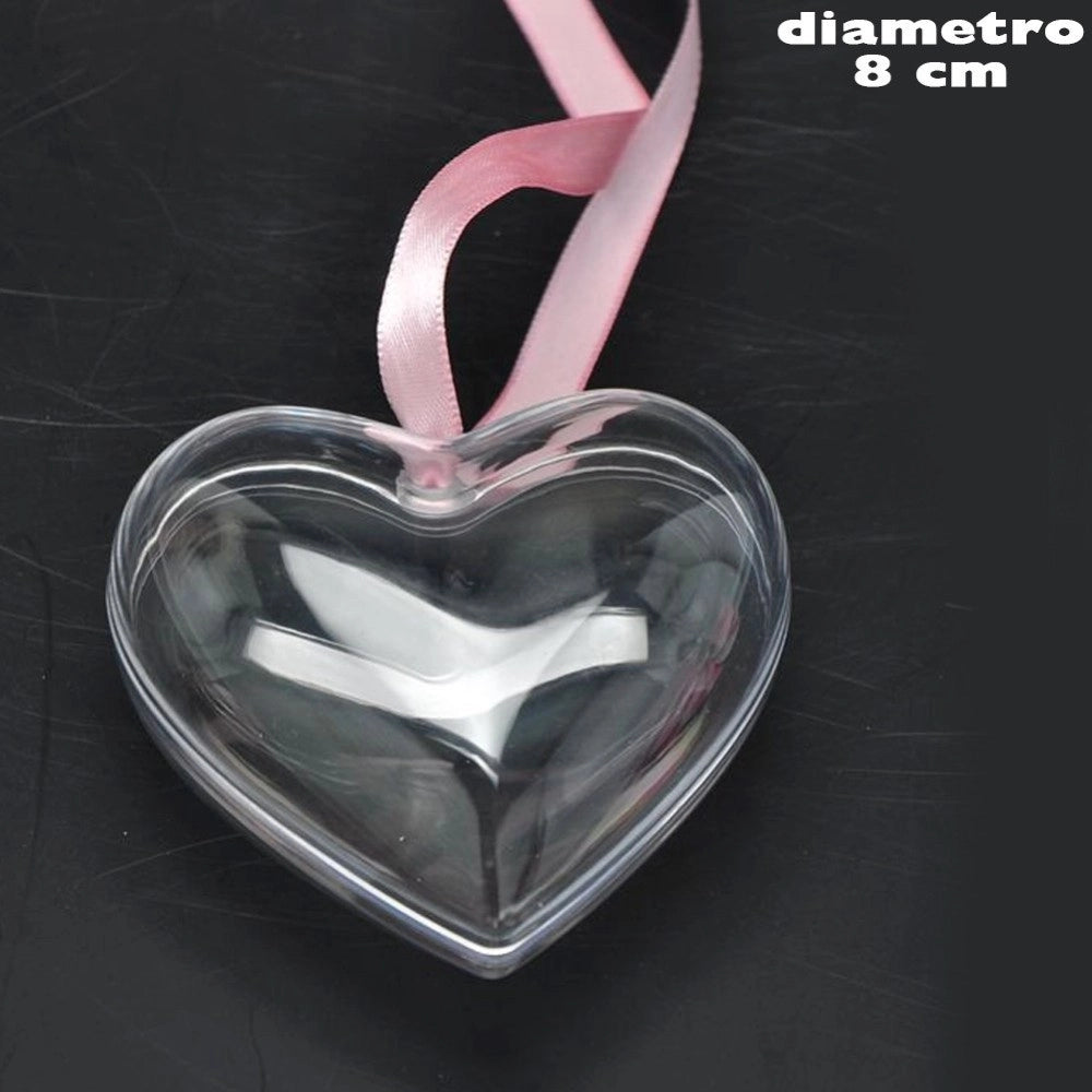 Trade Shop - 3 X Cuore In Plastica Trasparente Apribile Da Riempire Decorazione Natale 8 Cm -