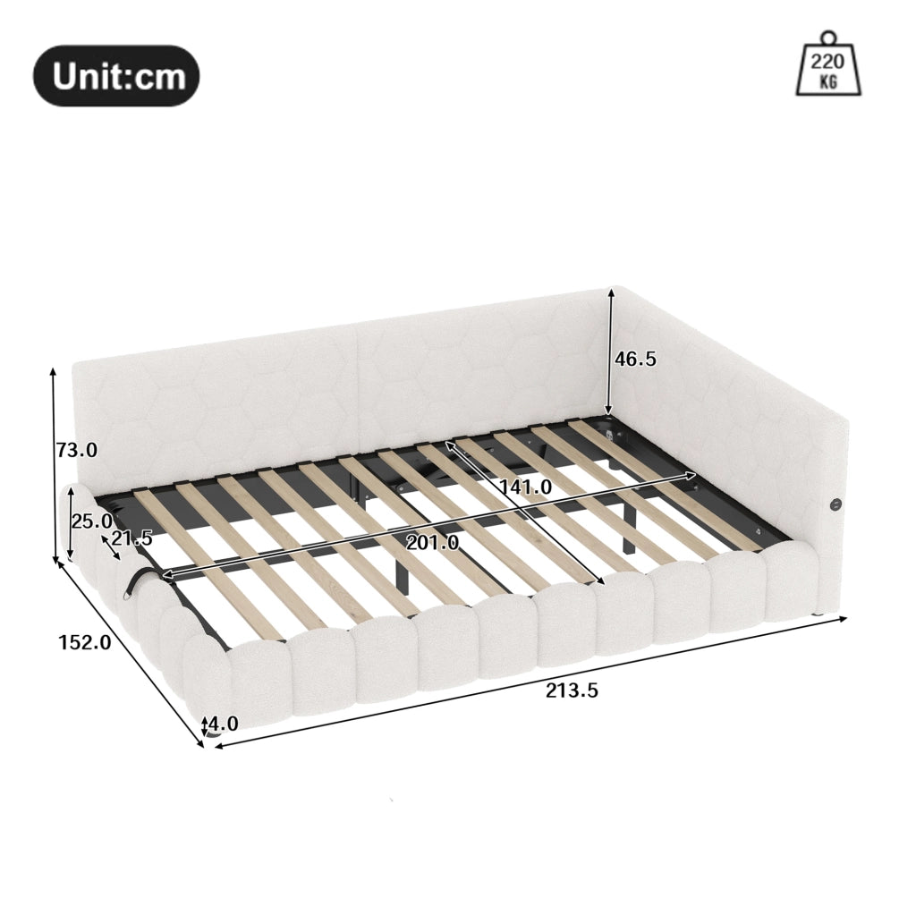 Letto daybed 140x200 cm con contenitore; LED; USB e Type-C; bianco