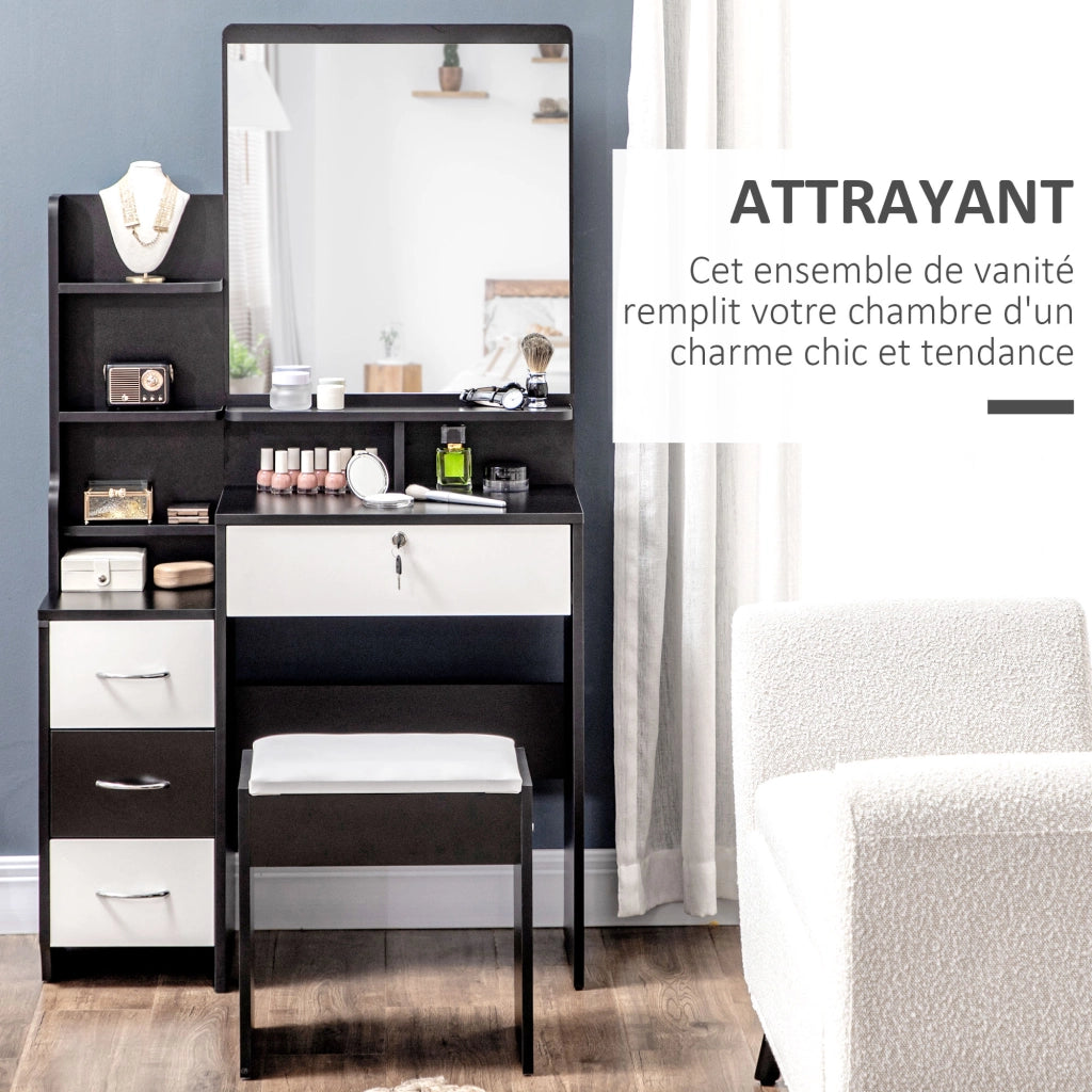Scrivania da trucco con specchio e cassetti ¨C Zephmum ¨C Bianco e nero 90x50x75