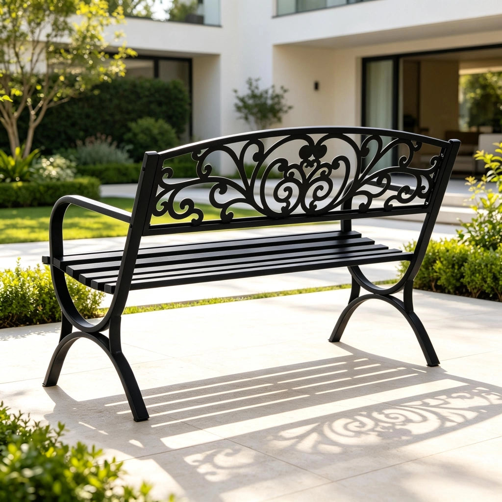 Panchina da giardino 2 posti con braccioli e schienale ornamentale per terrazza veranda in acciaio nero 127 × 60 × 85 cm