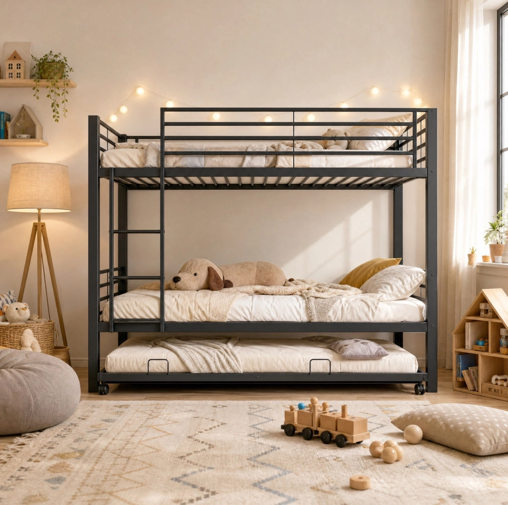 Letto a castello 3 posti in metallo nero 90x200 cm