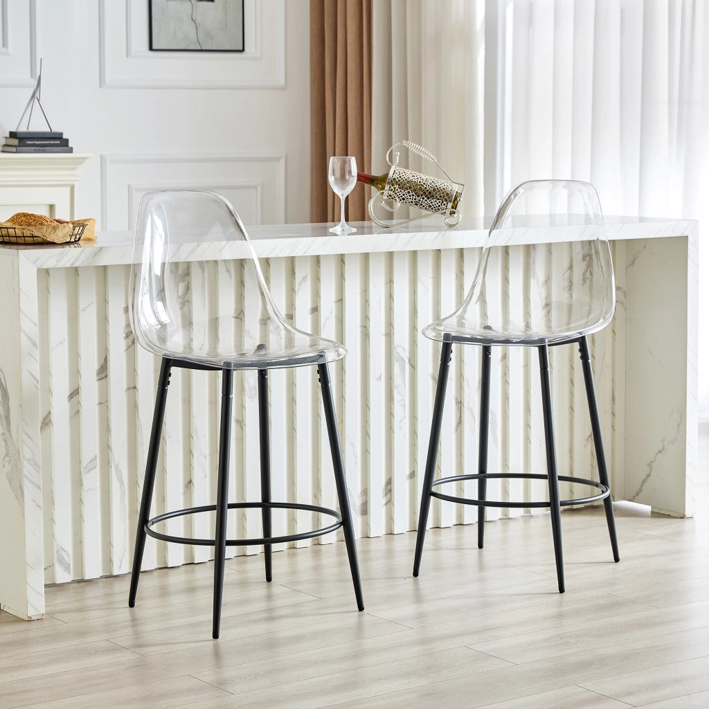 Set di 2 Sgabelli da Bar; Schienale Trasparente; Piedini Regolabili; per Cucina e Isola; Plastica e Metallo; Trasparente e Nero