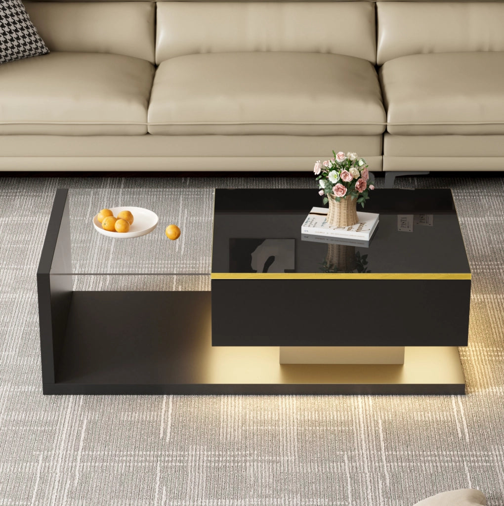 Tavolino da caffè nero lucido 100 x 50 cm con vetro e LED multicolore