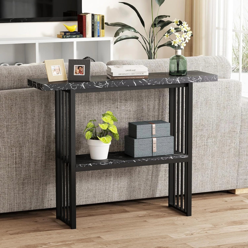 Tavolo Console da ingresso, 120 x 29,5 x 92,5 cm, piano in finto marmo e telaio in metallo, tavolino ausiliario con 2 ripiani, risparmio di spazio, tavolo da soggiorno, corridoio (nero)