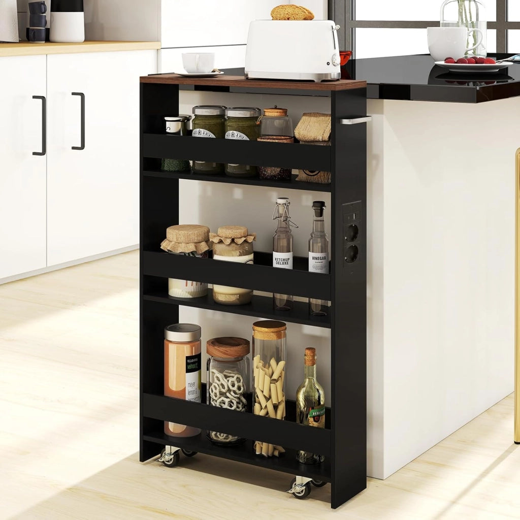 Scaffale per Nicchia da 20 cm di Larghezza, con Base di Ricarica, 4 Piani in Legno su Ruote, Scaffale Sottile per Cucina e Bagno, Carrello a Rotelle (Marrone+Nero, Largo 13 cm, con presa)