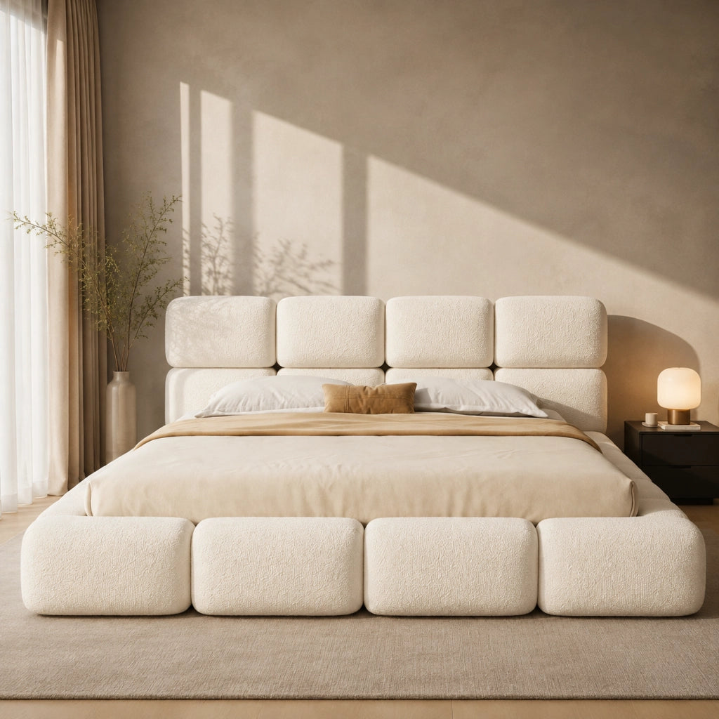 Letto Contenitore 200 x 200 cm con Sollevamento Idraulico; Bouclé Bianco
