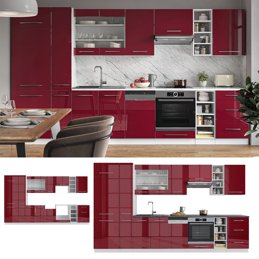 Cucina componibile Fame-Line Bordeaux lucido/Bianco 355 cm senza piano di lavoro Vicco