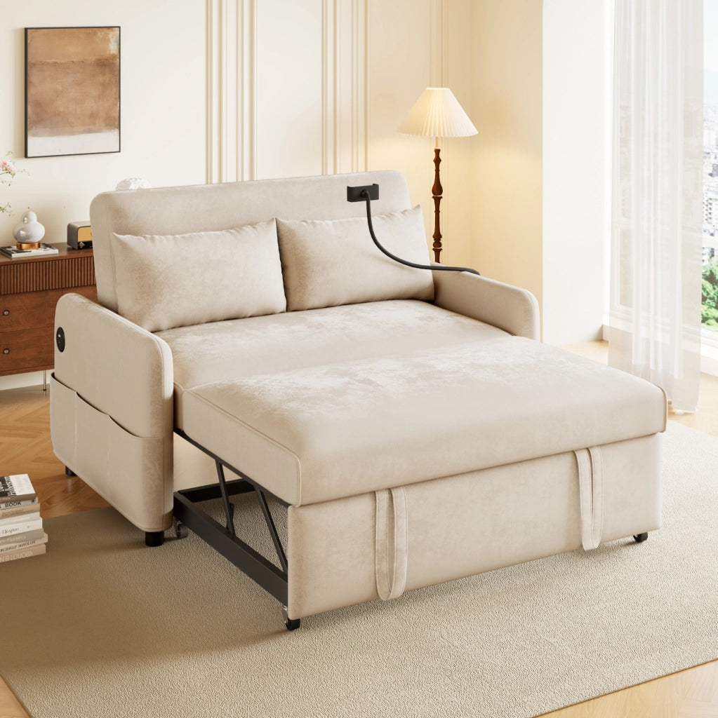 Divano letto 2 posti estraibile con schienale regolabile; USB e porta telefono; beige
