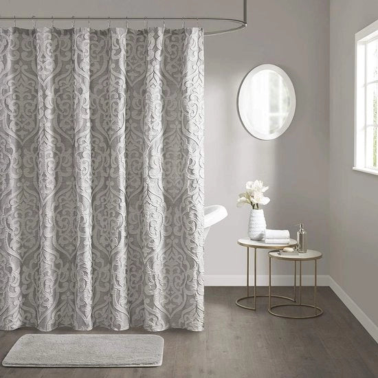 Douchegordijn a specchio con disegno jacquard damascato - lavabile in macchina - decorazione moderna per la stanza da bagno - schermo per la privacy - 72" x 72" argento