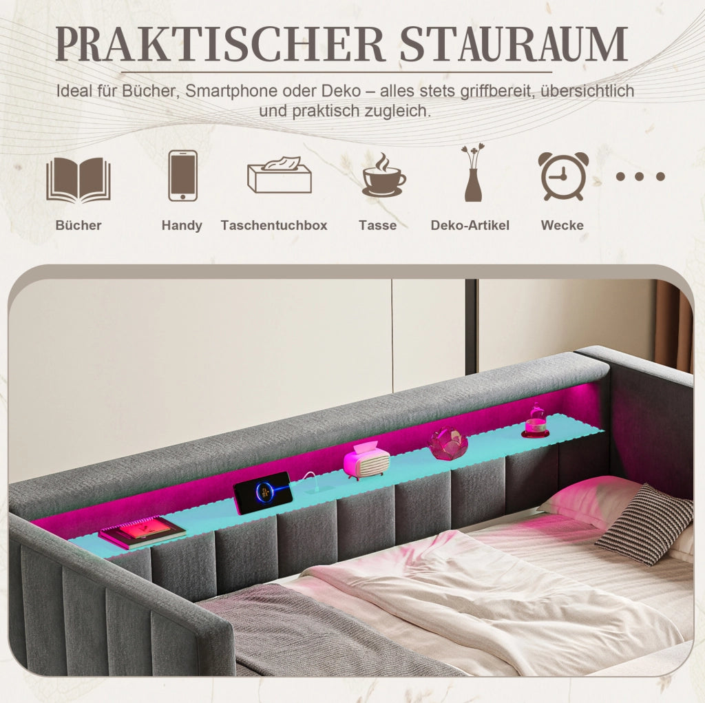 DIVANO LETTO Estraibile 90x190 cm Velluto Grigio Scuro con LED e USB-Type-C
