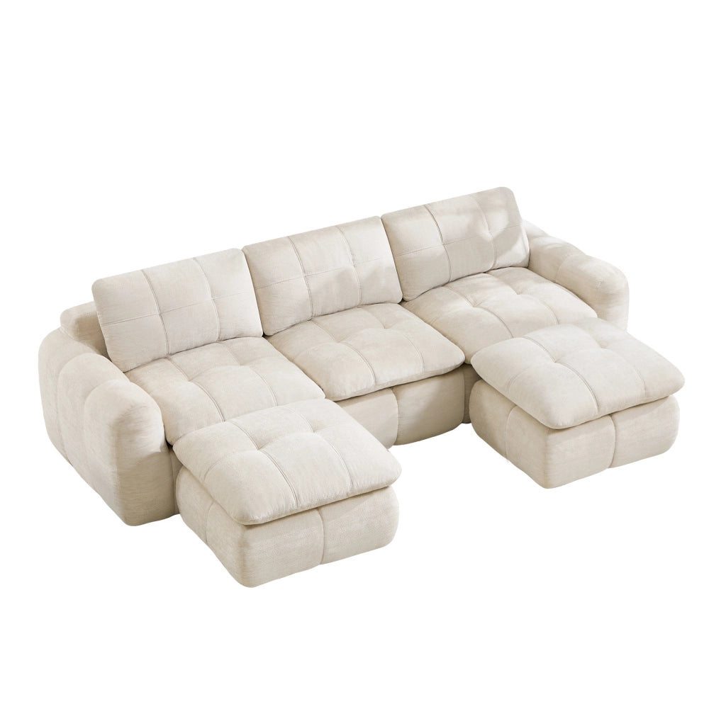 Divano modulare a U 264x160x68 cm in chenille beige con 2 pouf; senza montaggio