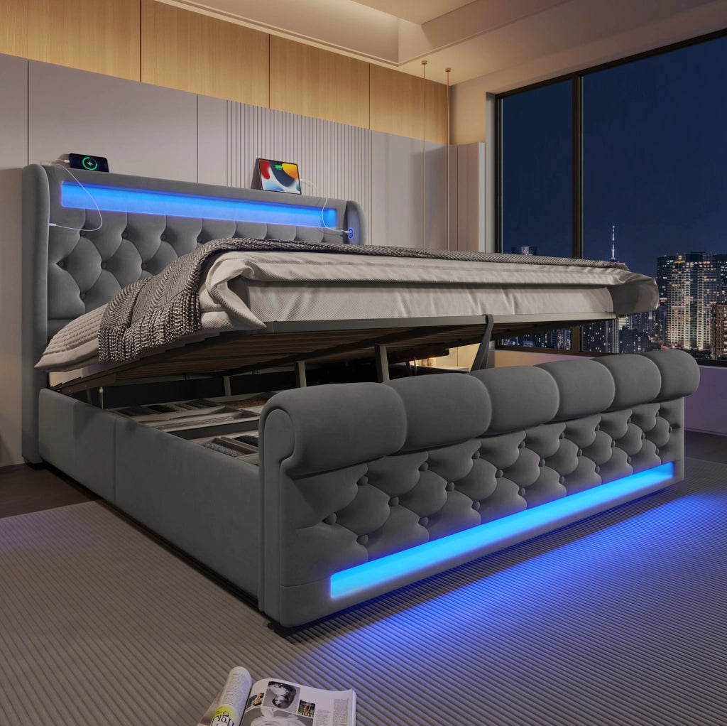 Letto matrimoniale imbottito 160x200 cm in velluto grigio con LED; USB e contenitore idraulico