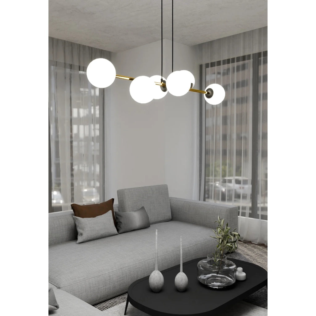 Sospensione Contemporanea Rhiannon 6 Luci In Acciaio Oro E Sfere In Vetro Bianco