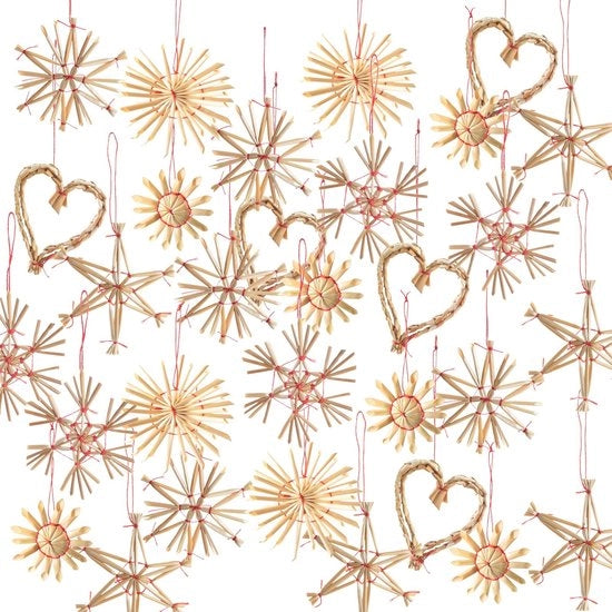 Set di decorazioni natalizie di 32 pezzi - Decorazioni naturali - Cuori/Stelle/Neve - Leggero e inresistibile - Nastro rosso e dorato - Charme rustico - Decorazioni natalizie