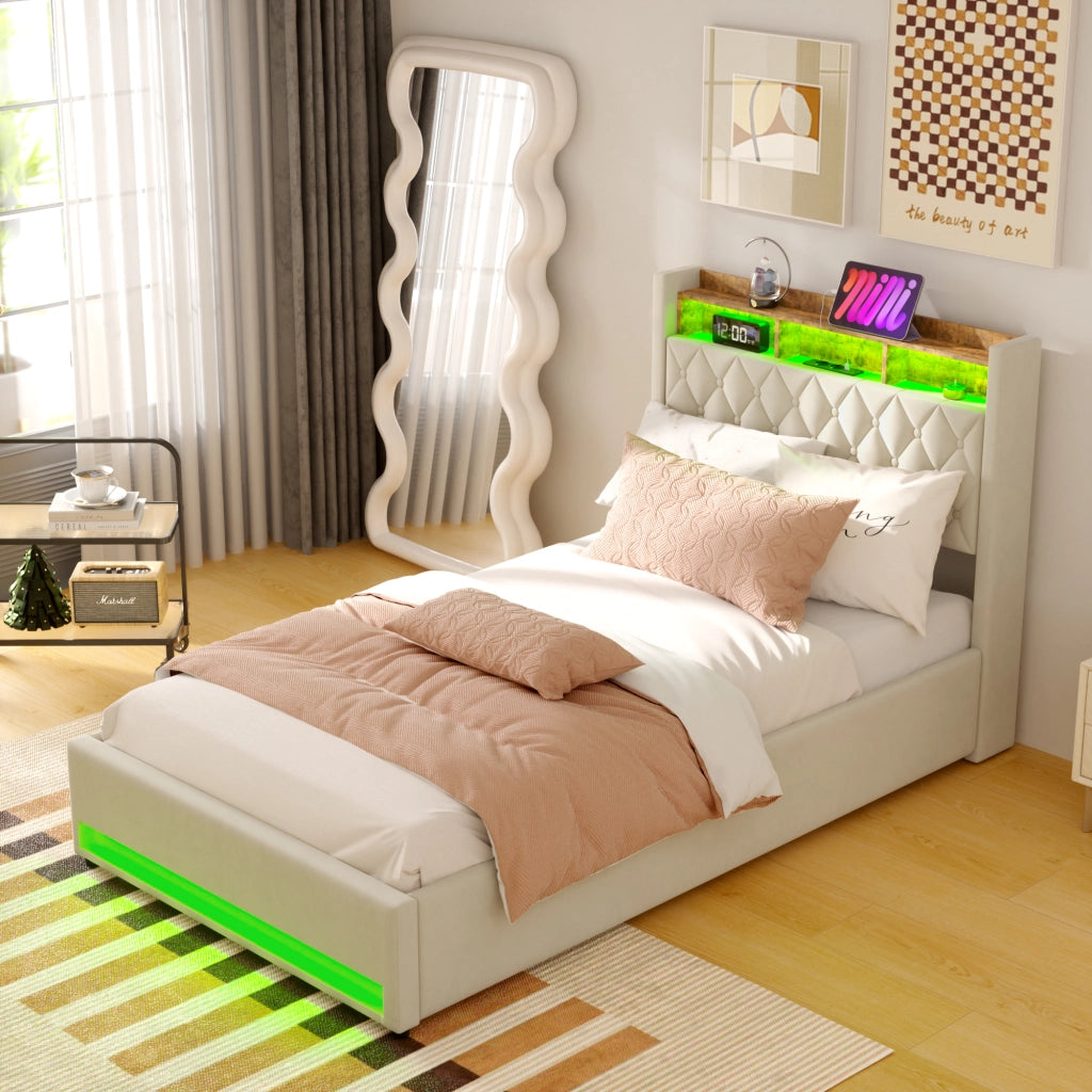 Letto imbottito beige 140x200 cm in velluto con schiuma elastica e struttura ergonomica