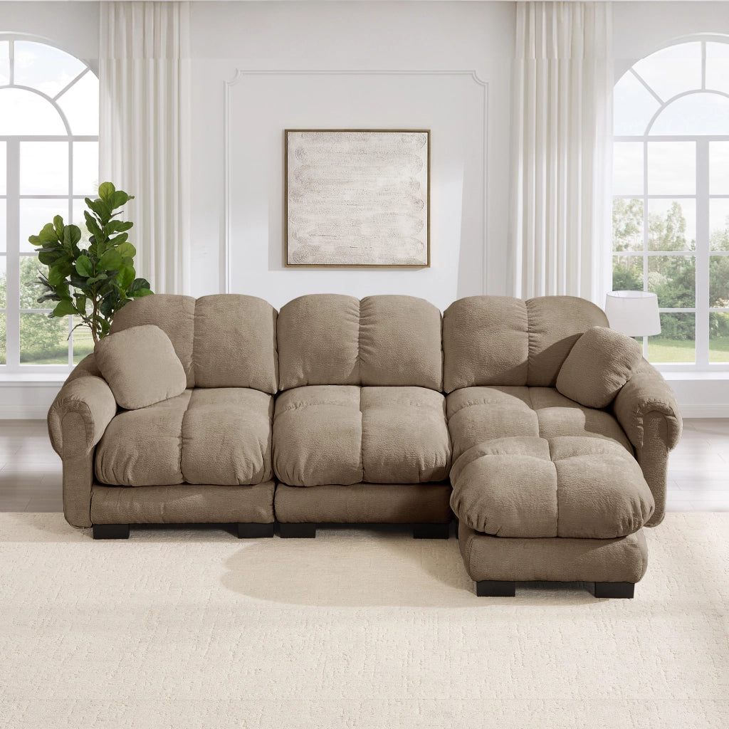 Divano angolare a 3 posti in ciniglia con cuscini trapuntati e pouf mobile marrone 260 × 149 × 90 cm