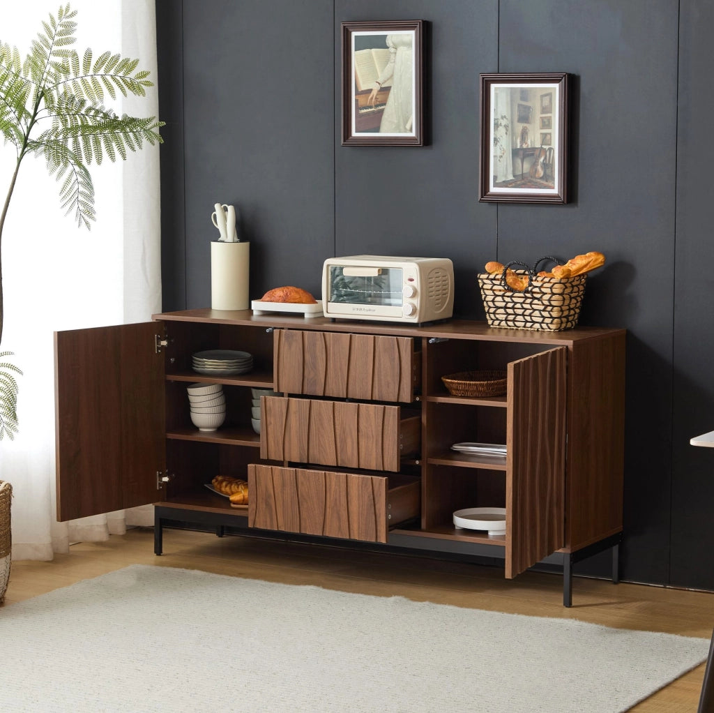 Credenza 150x40x80 cm con cassetti e ripiani regolabili; pannello MDF e truciolare marrone scuro