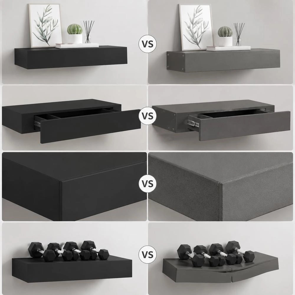 Floating Shelf With Drawer, Black, 48x25x8 Cm