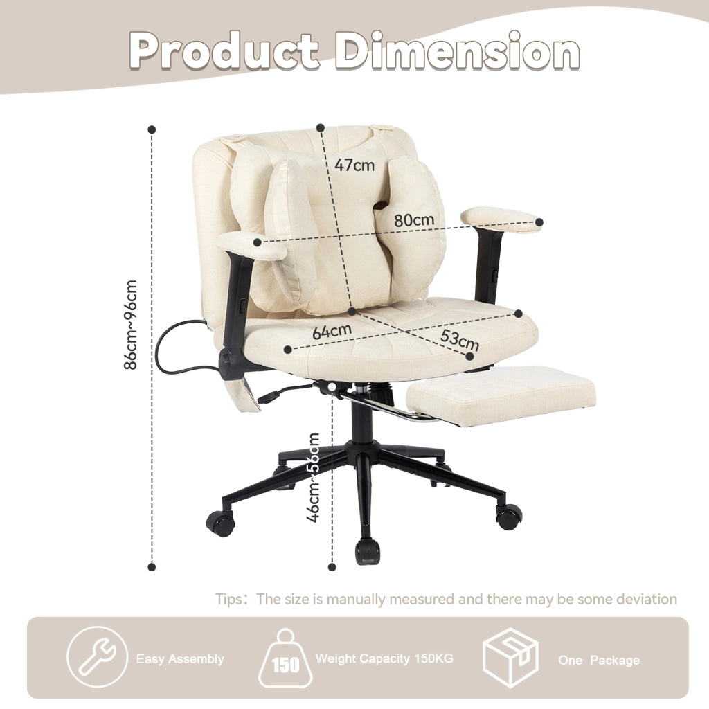 Sedia da ufficio girevole con altezza regolabile, braccioli e rotelle in tessuto beige per casa, portata 150 kg