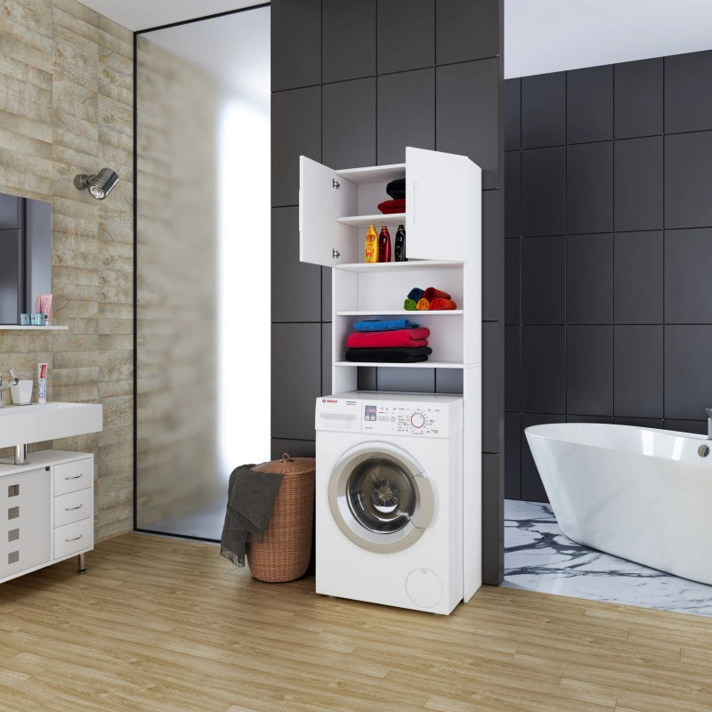 Colonna Lavanderia – Coprilavatrice con Ripiani In Legno Bianco H190 × L64 × P25 cm Soluzione Salvaspazio per Bagno e Lavanderia