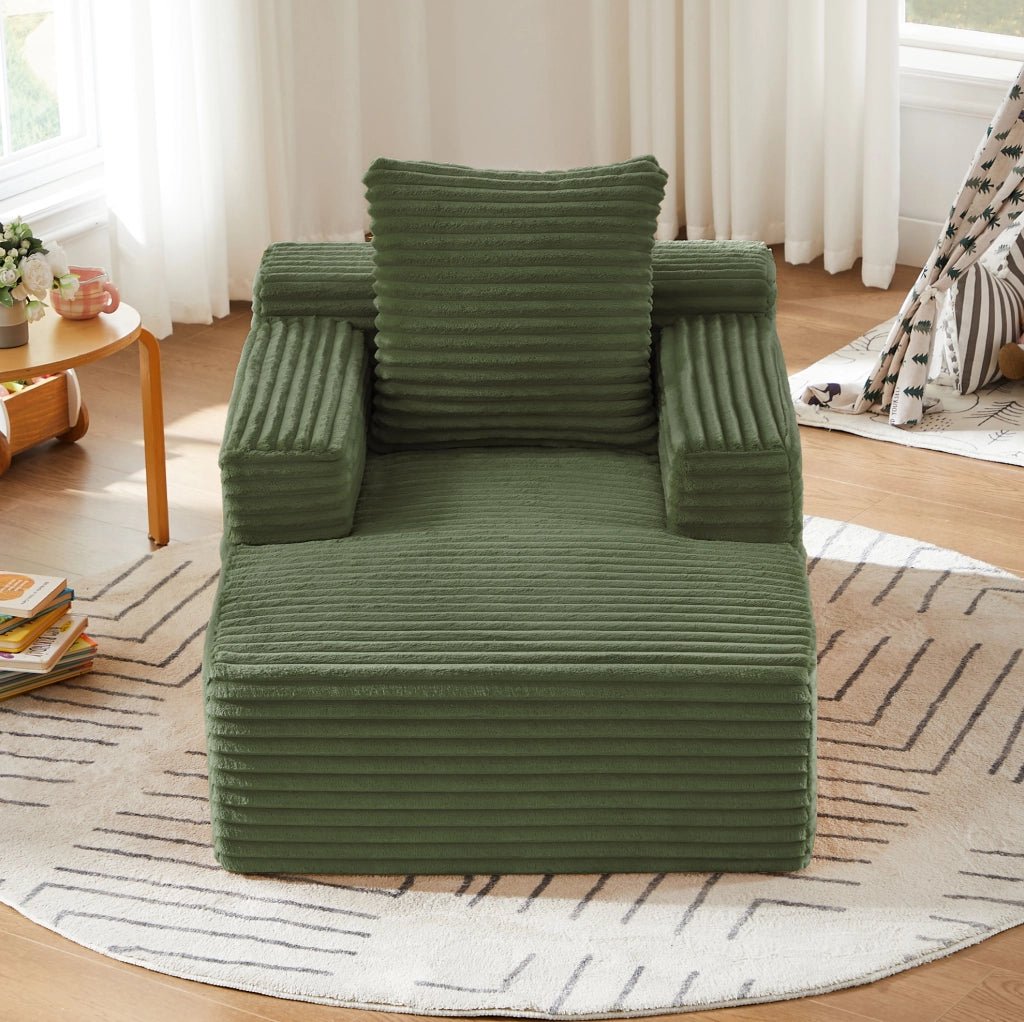Divano chaise longue verde in velluto a coste, senza montaggio